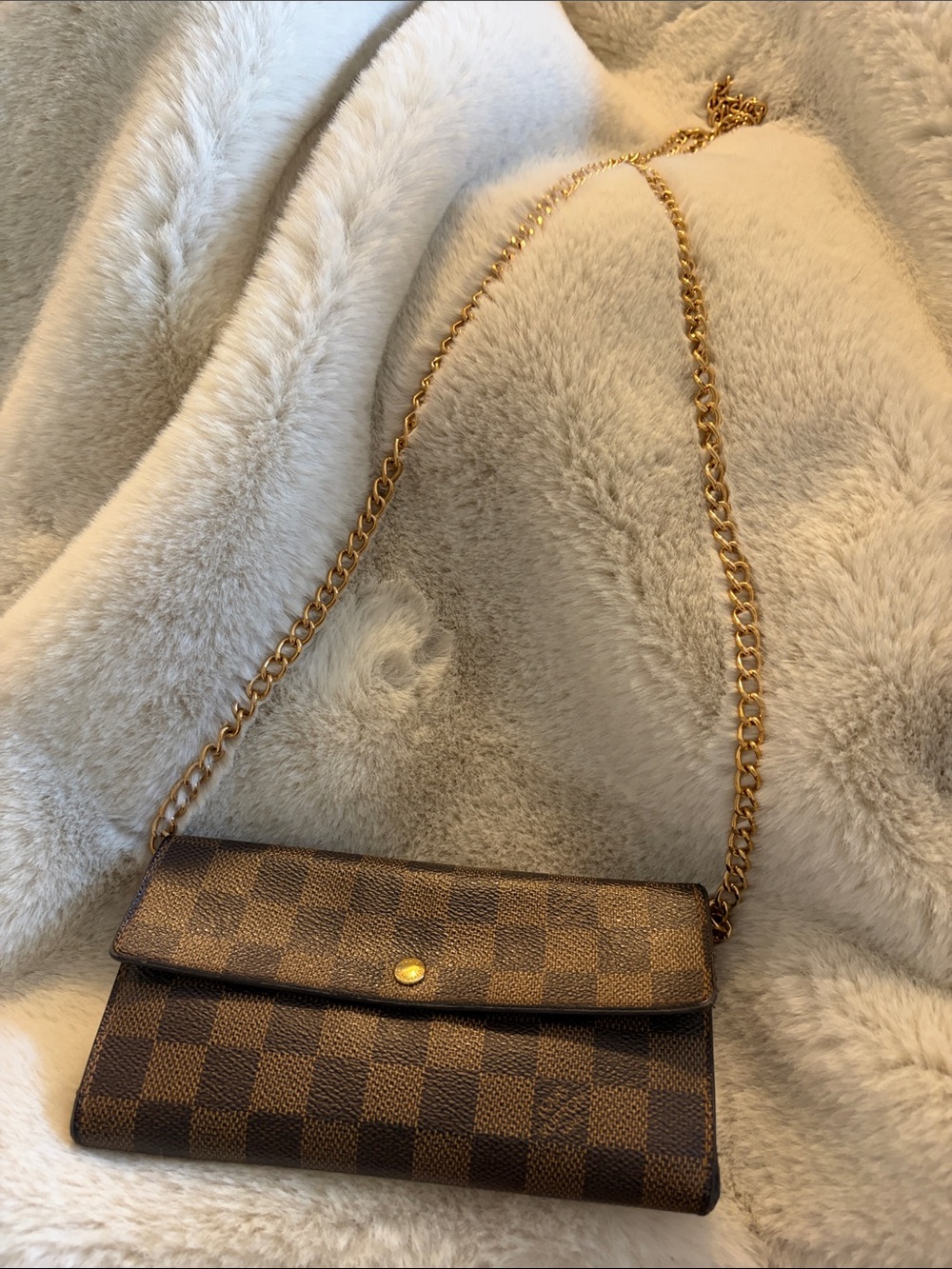 Louis Vuitton Sarah Wallet in Damier Ebene.